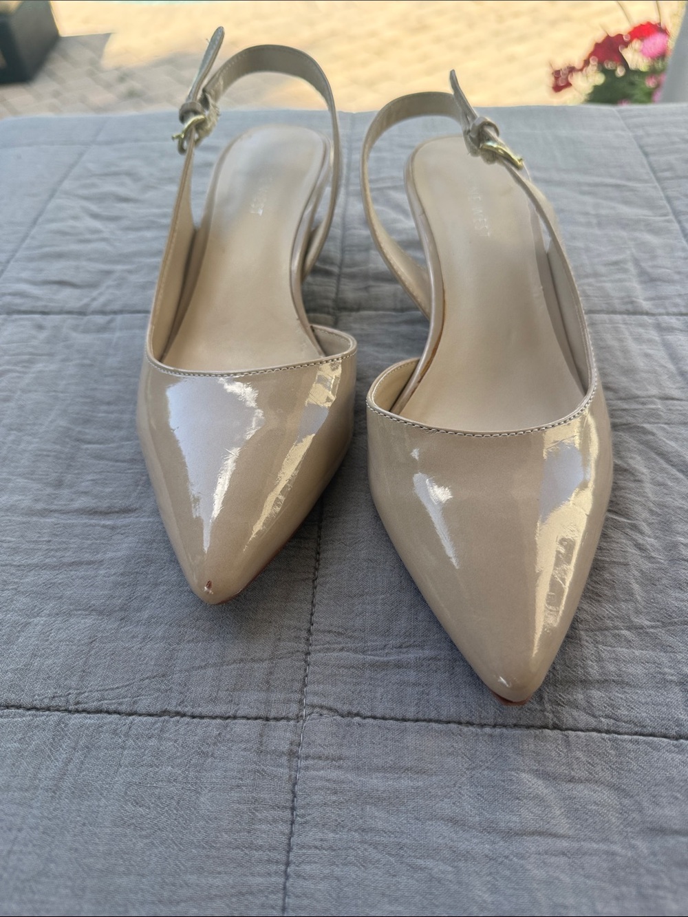 Nine West Beige Patent Pointed Slingback Kitten Heel